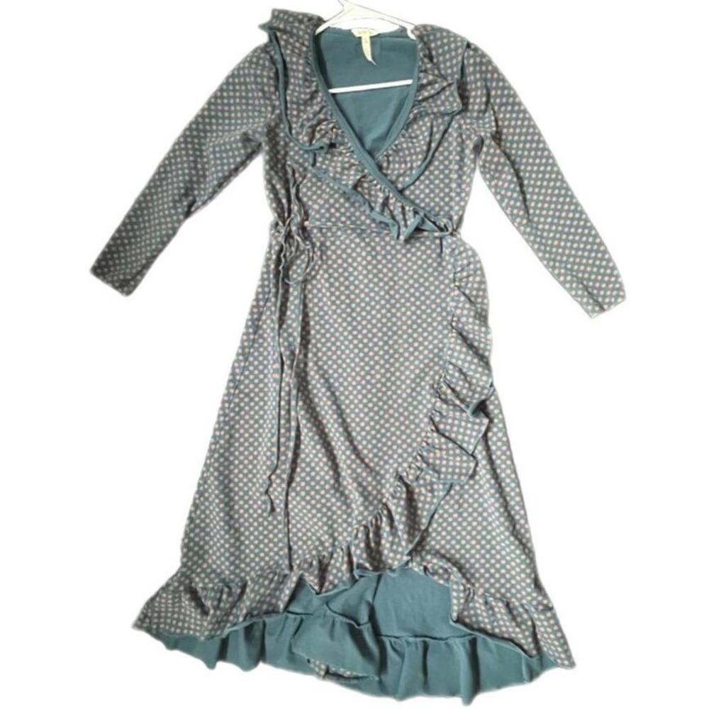 Matilda‎ Jane Wrap Dress Teal Blue Pink Floral Polka Dot Ruffle Midi Small